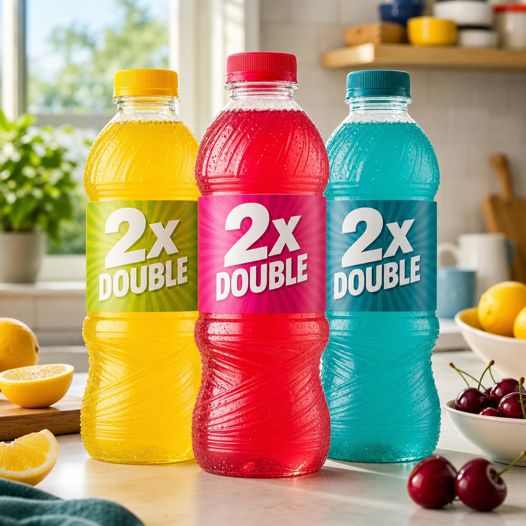 Three colourful Double strength squash bottles on a kitchen counter