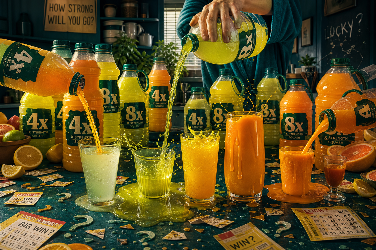 Chaotic squash bottles labelled 4x and 8x spilling uneven drinks