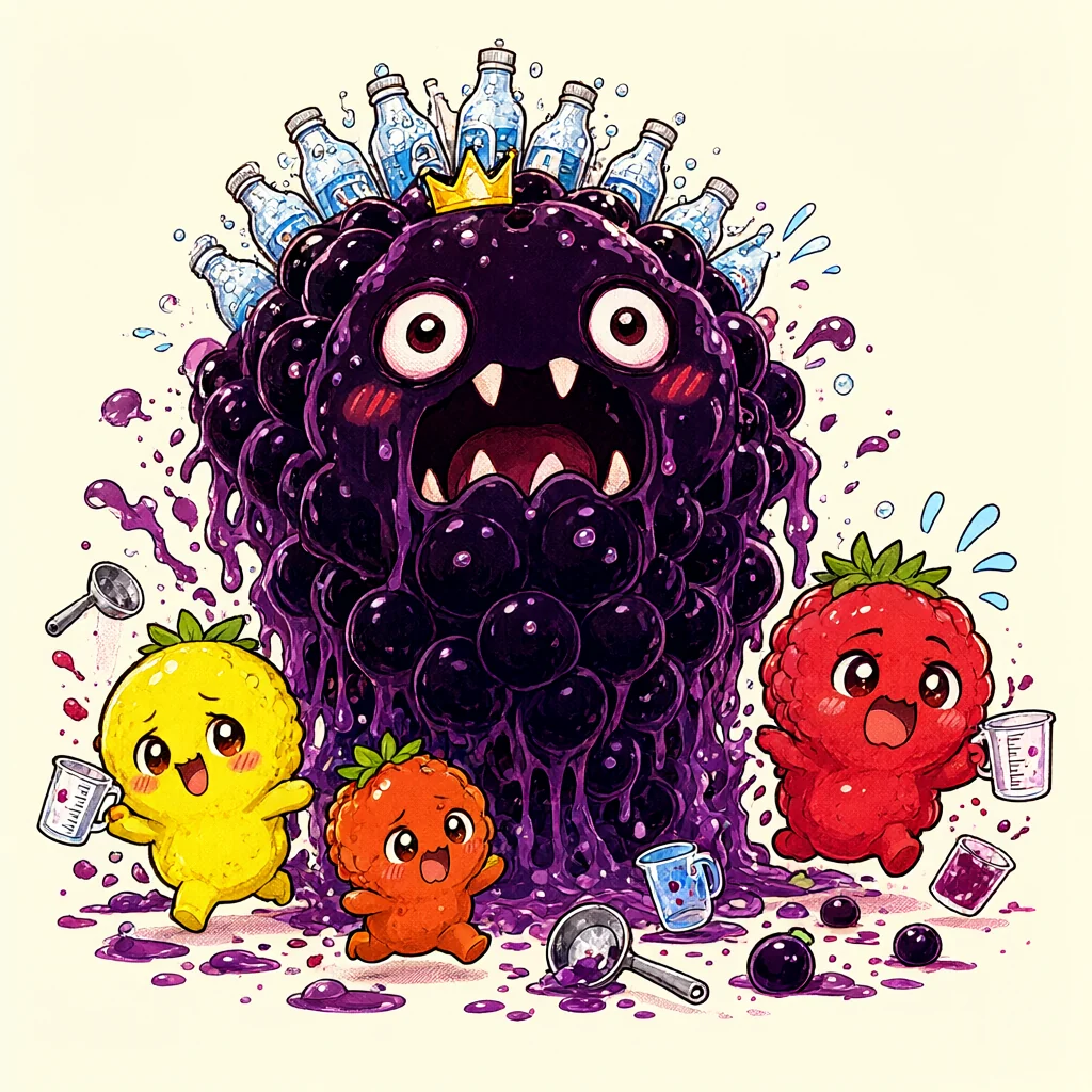 A chibi anime purple syrup monster dripping sticky goo while tiny lemon and raspberry sprites flee with measuring cups