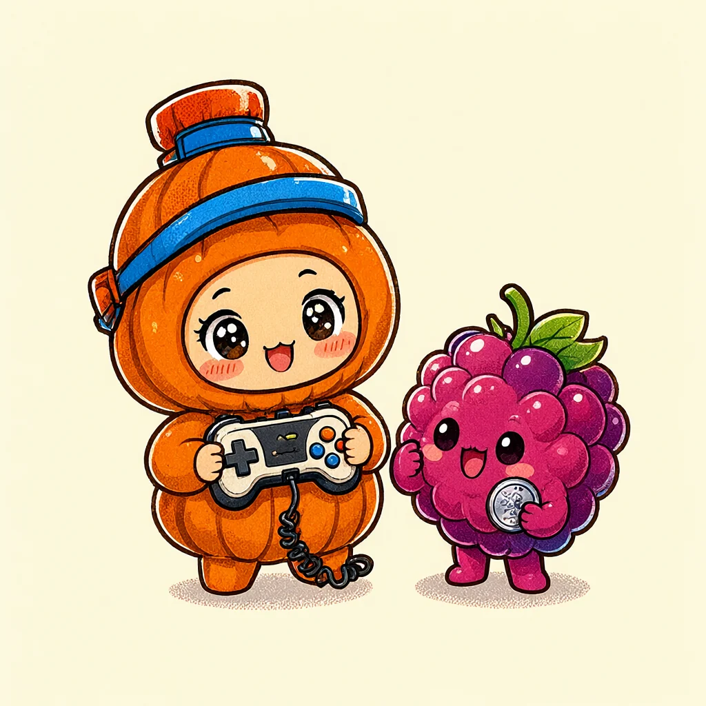 Douko-chan in a squash-bottle costume happily holding a retro game controller beside a cheering raspberry sprite