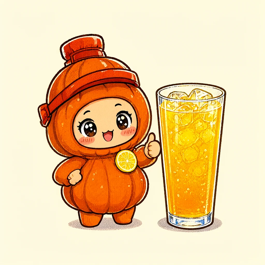 Douko-chan, a chibi anime mascot in a glossy orange squash-bottle costume, giving a thumbs-up beside a tall perfect glass of orange squash